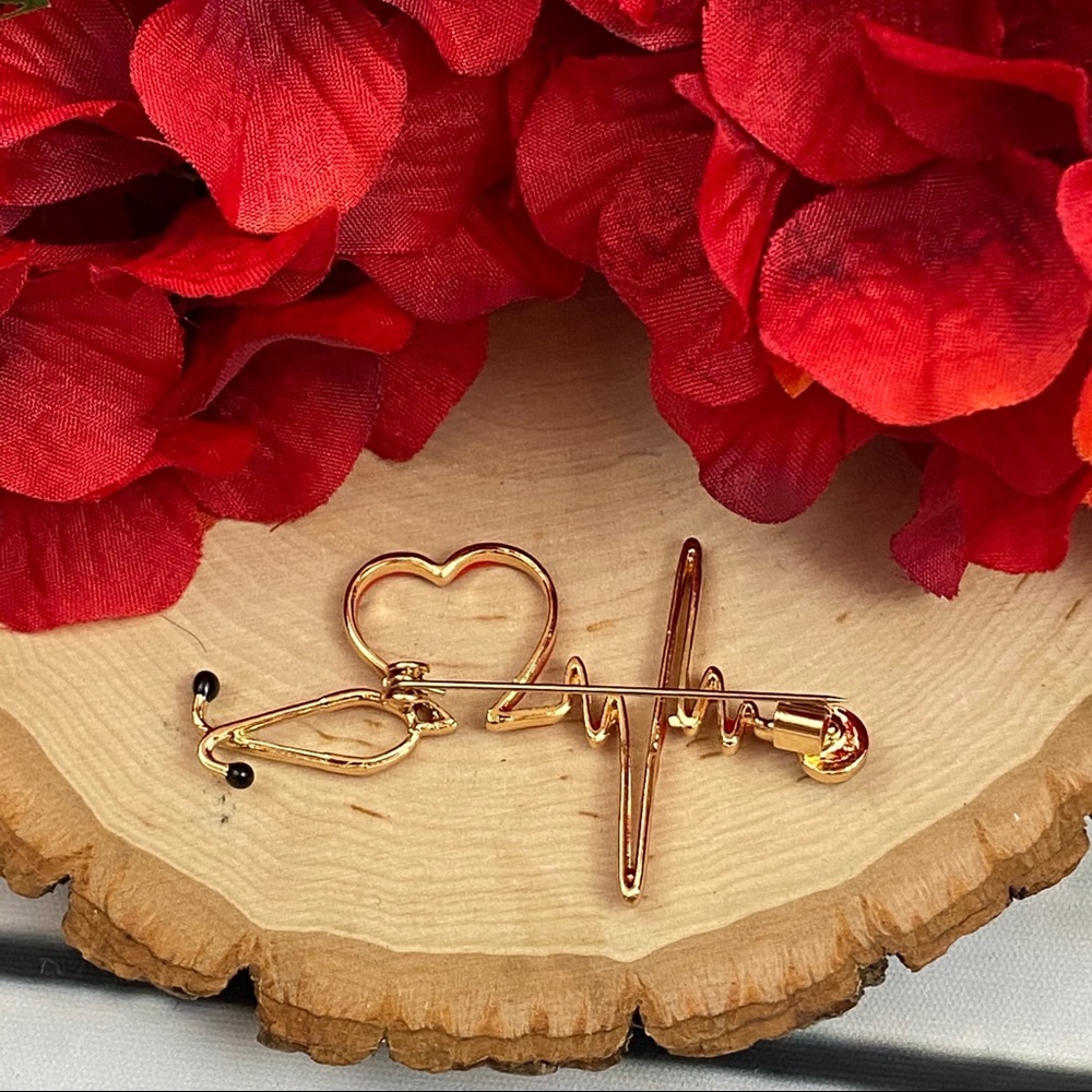 Red Heartbeat Stethoscope Brooch Lapel Pin - Picture 12 of 16